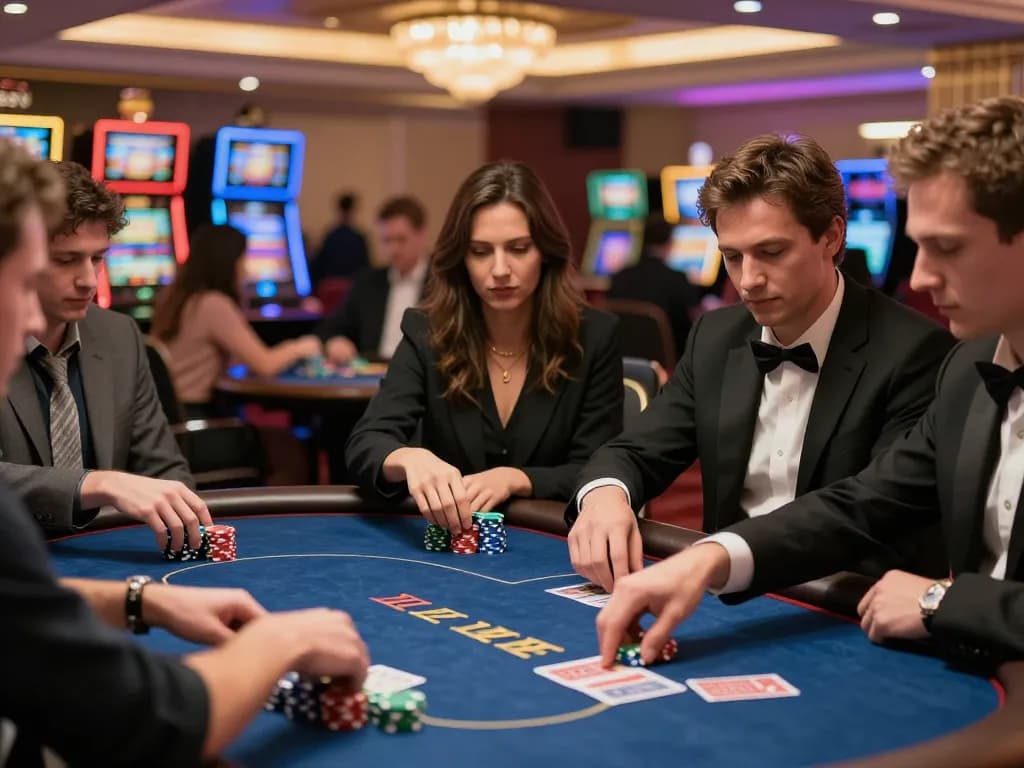 Players engaging in a thrilling poker game at an upscale casino showcasing gamebaidoithuong