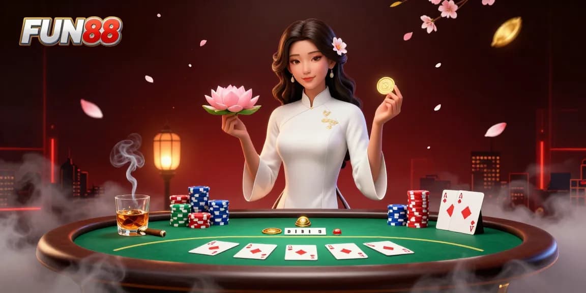 Experience excitement with FUN88 in a vibrant casino scene featuring poker and elegant elements.