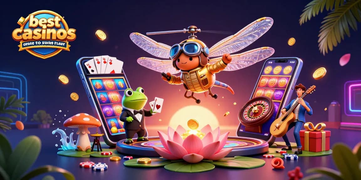 Experience best online casinos that payout instantly in Australia with vibrant 3D casino scene featuring dragonfly pilot and frog dealer.