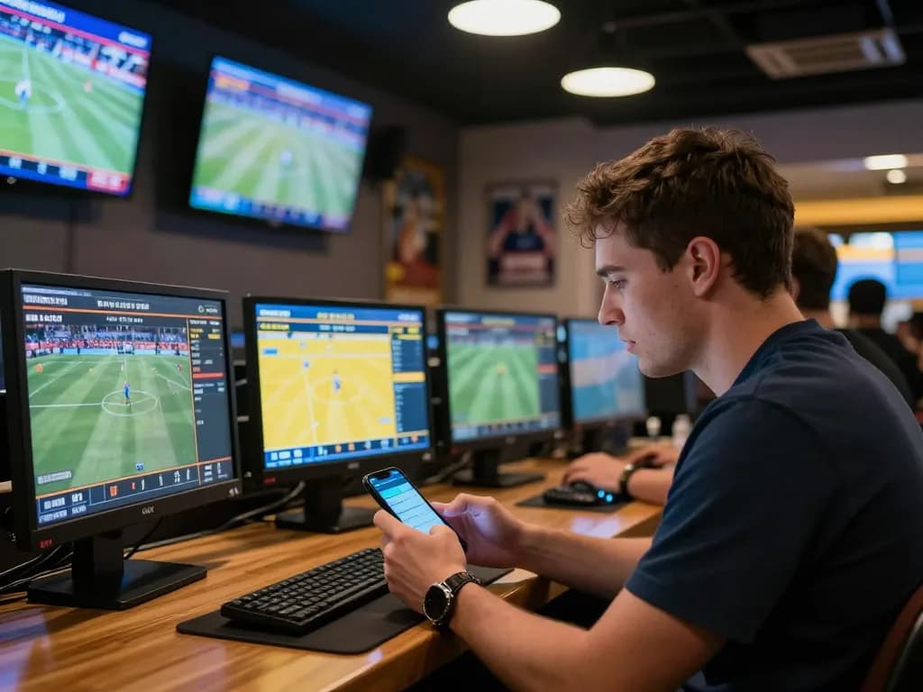 Net88 user placing bets in an energetic sports betting environment with live screens and apps.