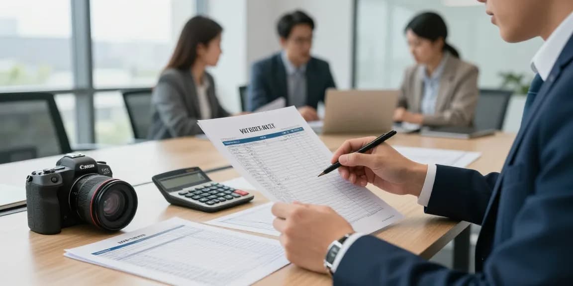 VAT on business electricity analysis in a contemporary office environment with documentation and colleagues discussing strategies.