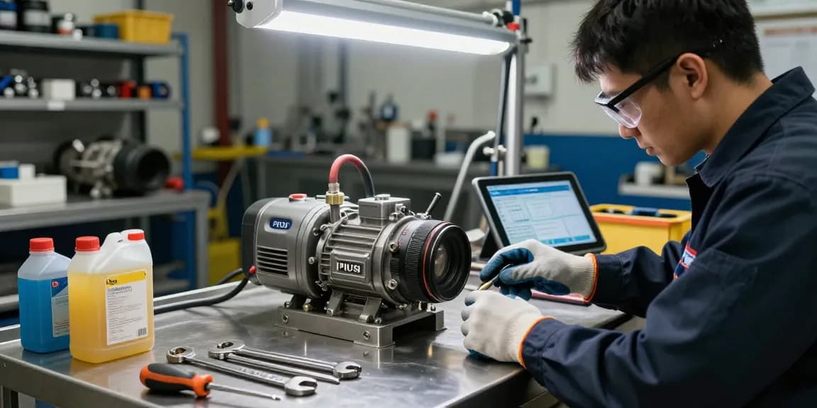 Tecnico esperto che controlla una pompa Piusi in un'officina industriale.