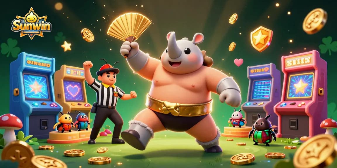 Experience the thrill of Sunwin as a rhinoceros beetle champion stomps, sending coins flying amidst arcade game elements.