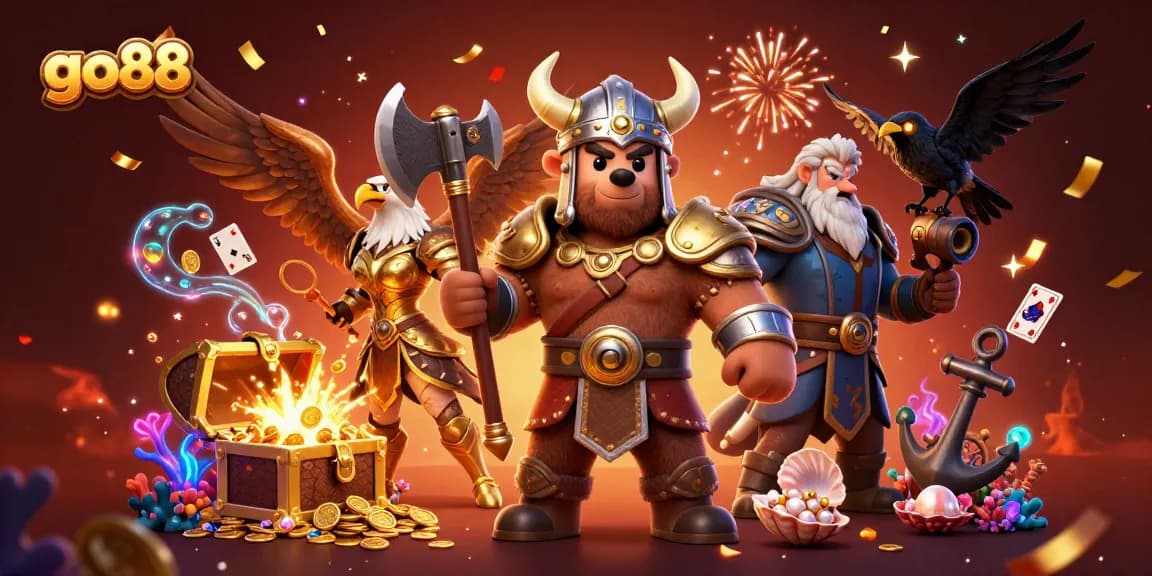 Engage in thrilling gameplay at go88 with a Viking-themed 3D illustration showcasing casino elements and vibrant action.