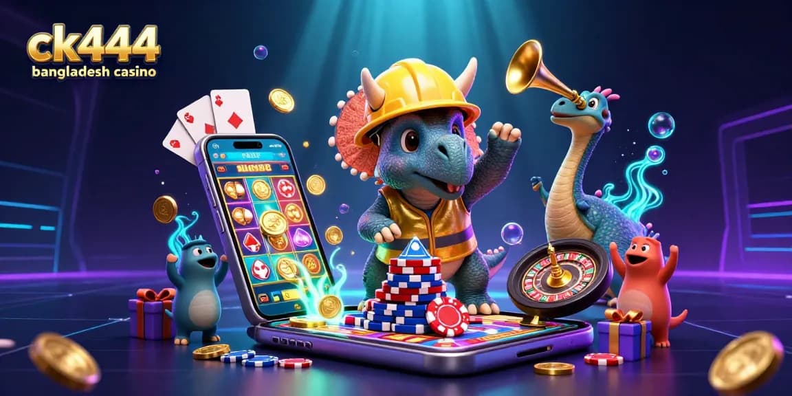 ck444 bangladesh casino showcases an energetic 3D scene with vibrant game elements, celebrating win.