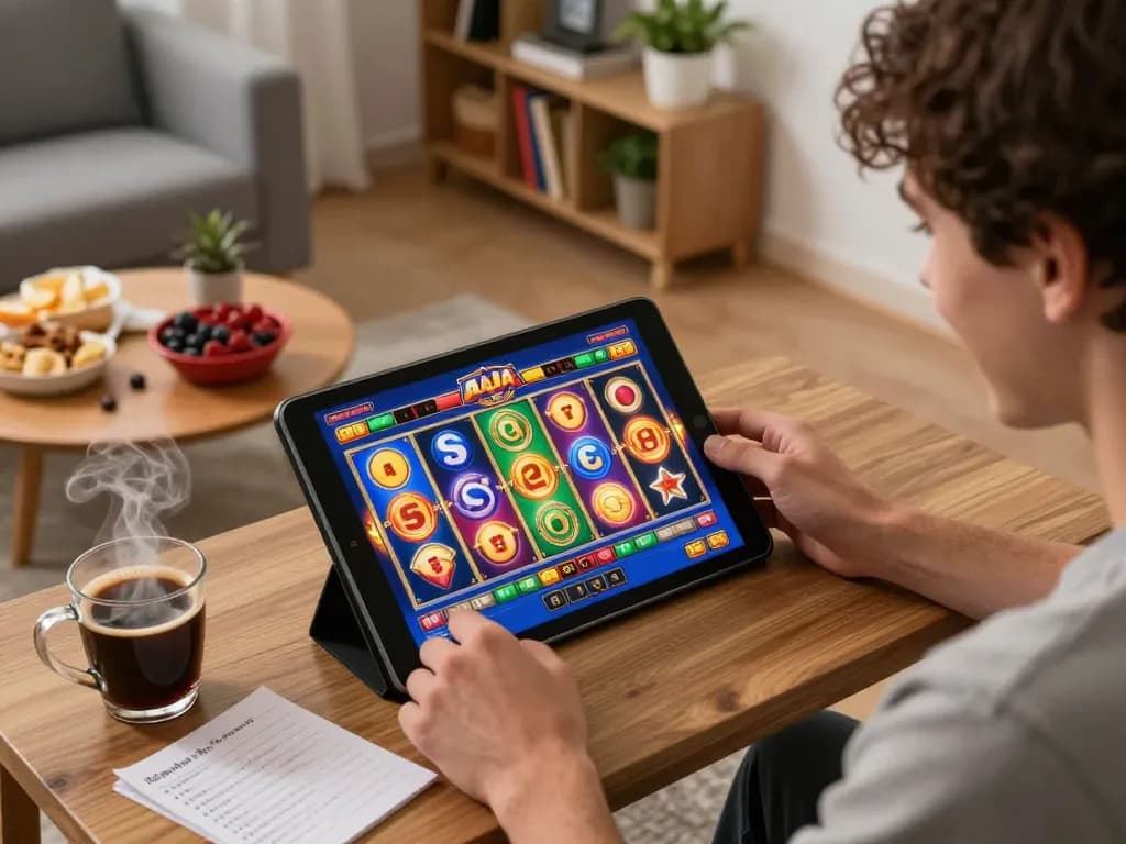 Pemain menikmati permainan raja slot di tablet dalam pengaturan permainan rumah yang nyaman dengan visual yang cerah.