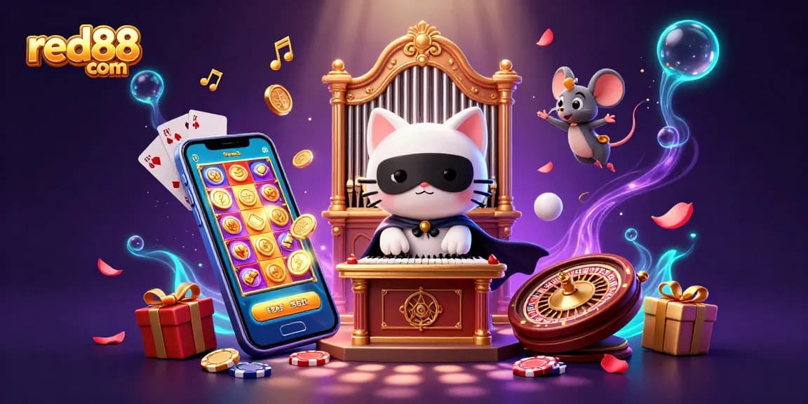 Win big at red88 com with an exciting casino scene featuring games, coins, and lively characters.