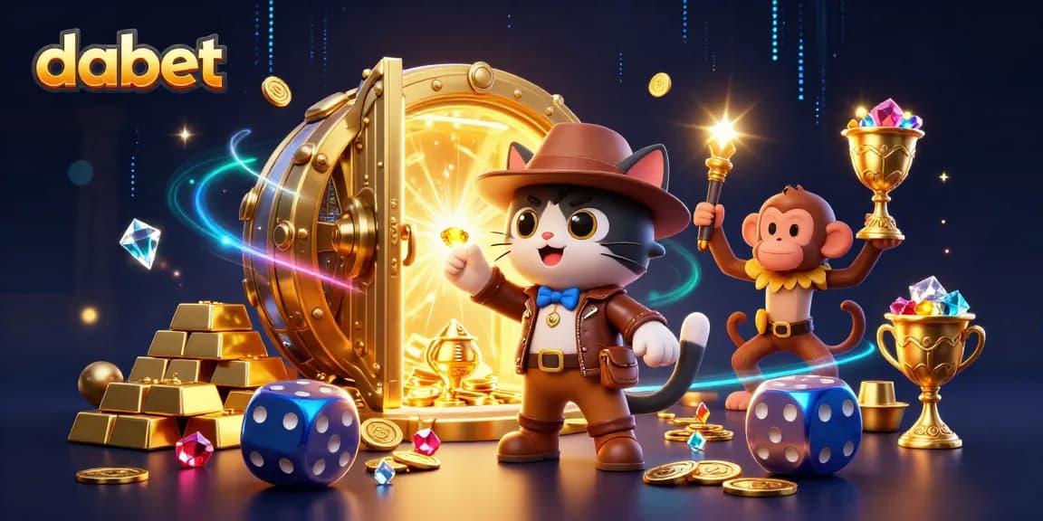 Dabet enhances gaming experience with a vibrant 3D illustration of an explorer discovering casino treasures, sparkles everywhere.