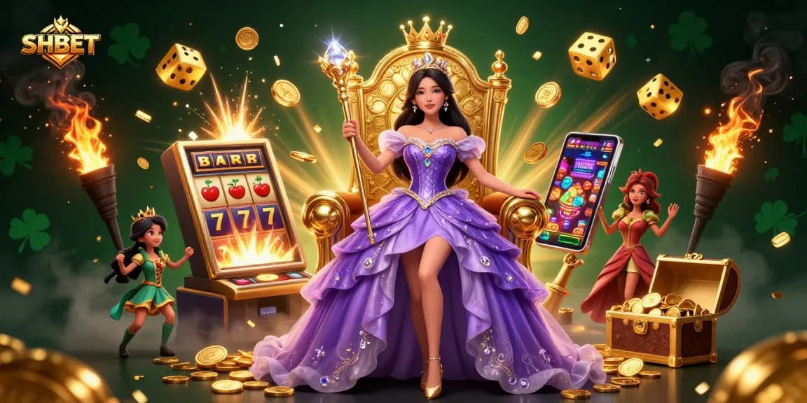 Experience the excitement of SHBET with a dazzling princess amidst casino treasures and slot machines.