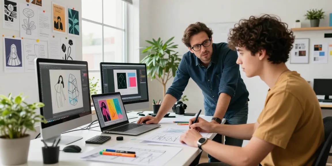 rokok 88 mentor guiding young designer in a bright workspace