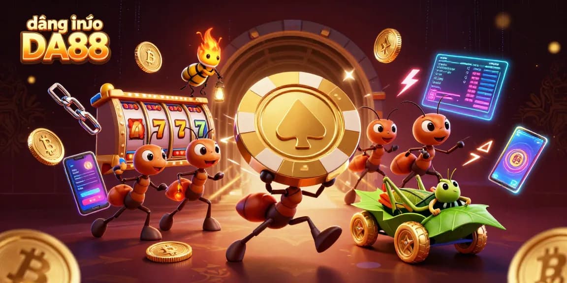 Play at đăng nhập DA88 with the team of heist ants amidst vibrant casino elements and crypto coins.