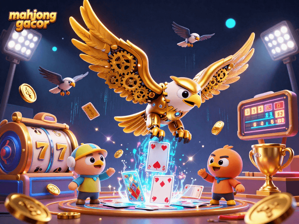Engage with mahjong gacor in an electrifying 3D scene showcasing a golden eagle amidst dynamic casino elements.