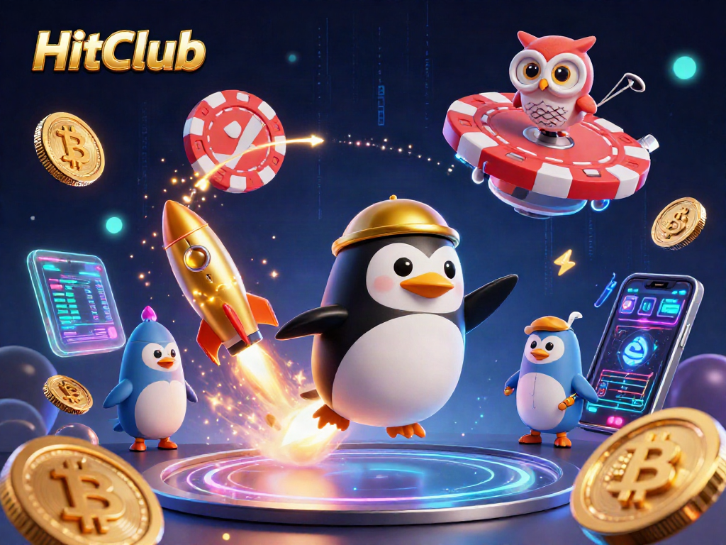 Engage with HitClub as the golden penguin navigates casino space filled with cryptocurrency elements.