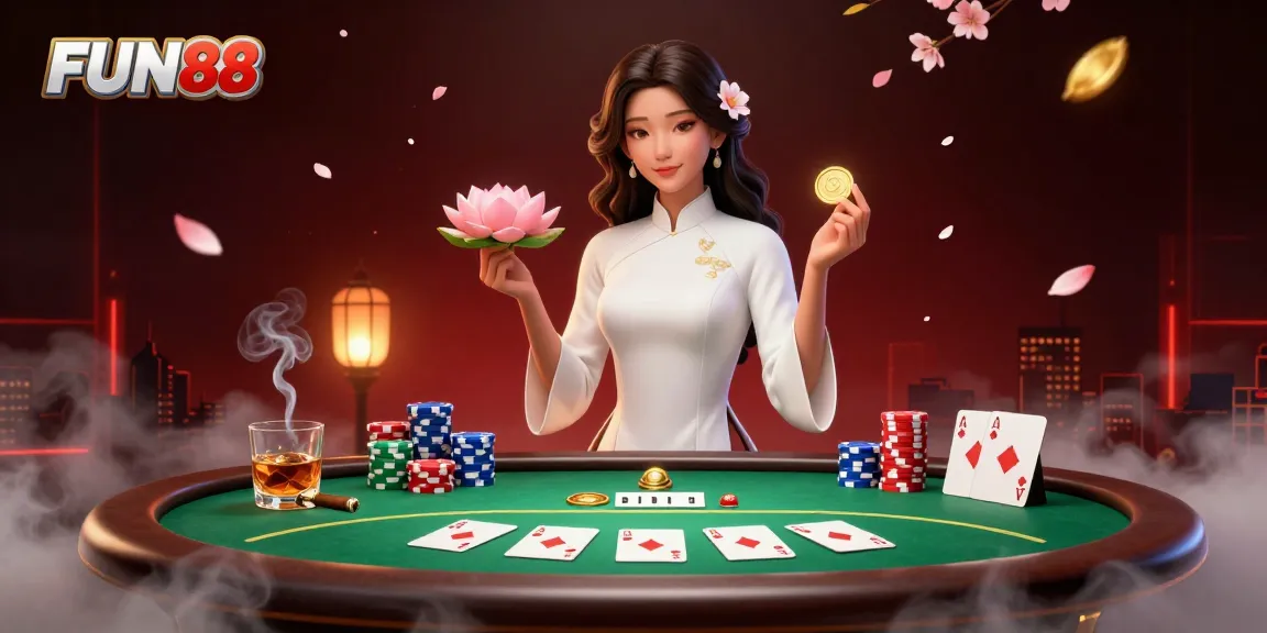 Experience excitement with FUN88 in a vibrant casino scene featuring poker and elegant elements.