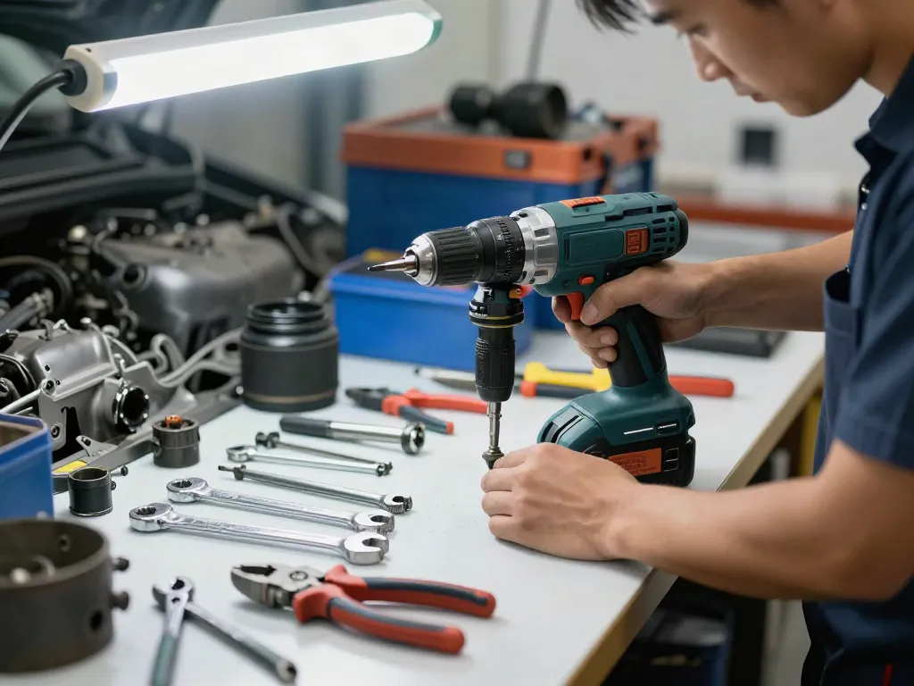 Cricchetto elettrico in uso da un tecnico esperto su un motore, con attrezzi e ambiente di lavoro illuminato.