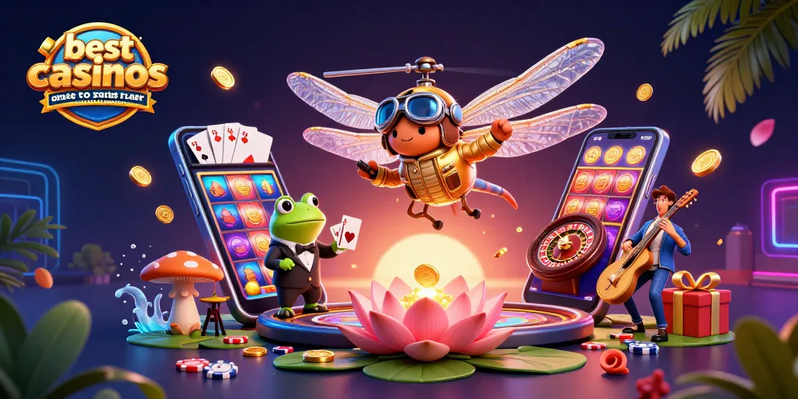 Experience best online casinos that payout instantly in Australia with vibrant 3D casino scene featuring dragonfly pilot and frog dealer.