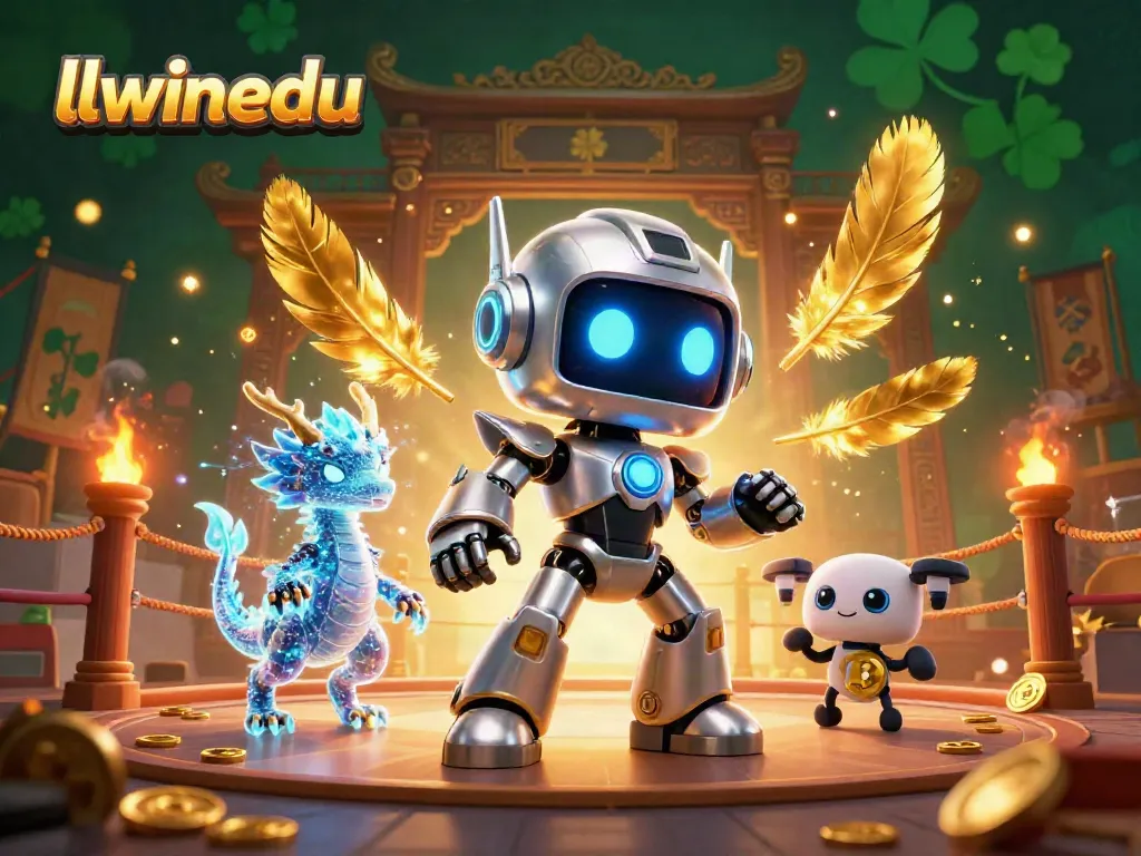 Experience the excitement of llwinedu with a dynamic 3D illustration featuring a cyberpunk robot, AI dragon, and bitcoin drone in an engaging gaming setting.