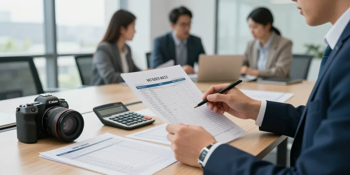 VAT on business electricity analysis in a contemporary office environment with documentation and colleagues discussing strategies.