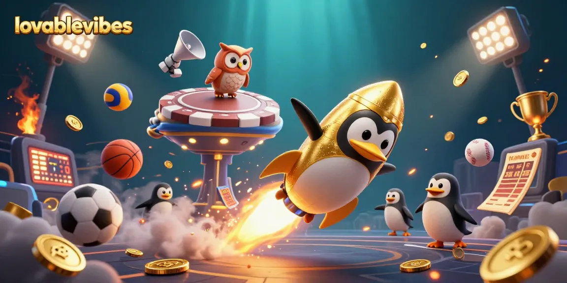Experience the excitement at lovablevibes with a golden penguin soaring to a thrilling casino adventure amidst sports elements and jackpots.