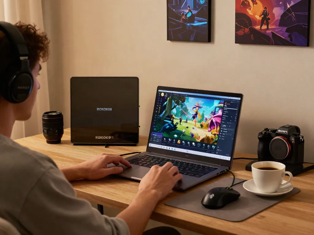 Engaging with ROKOK88 on a laptop in a cozy home gaming setup.