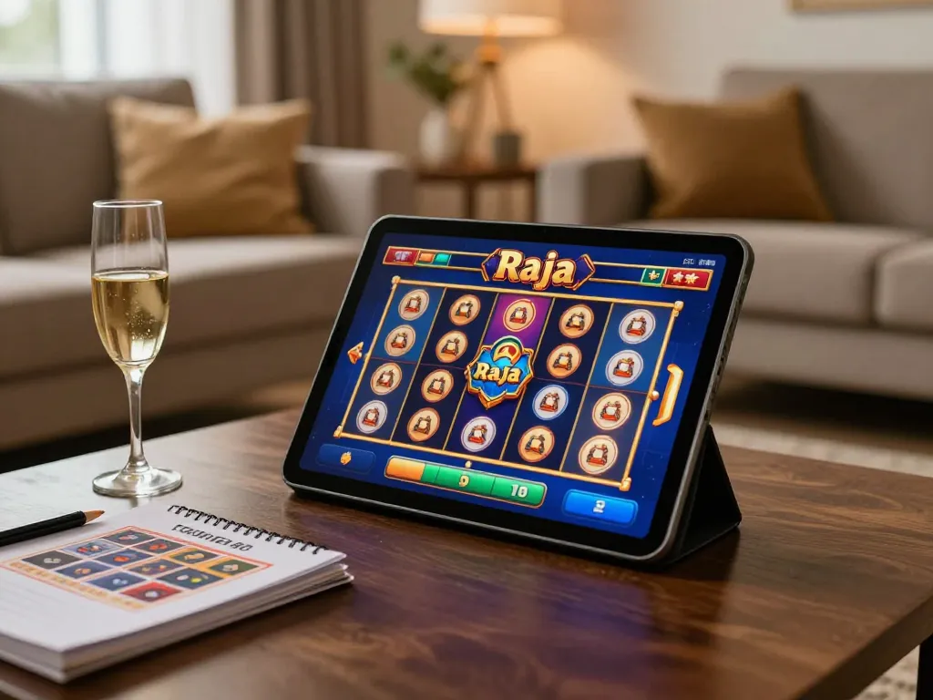 Engaging with the raja slot online game interface, showcasing dynamic gameplay on tablet in a cozy home setting.