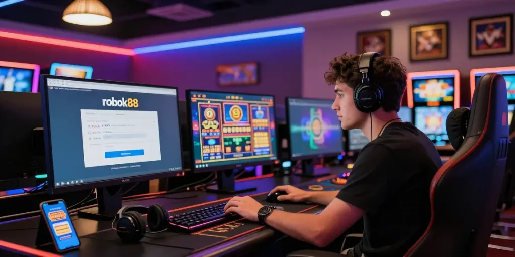rokok88 login scene depicting a user engaging in vibrant online gaming activity with multiple screens and neon lighting.