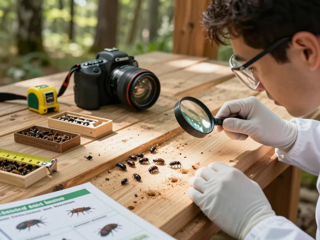 Coleotteri del legno che infestano travi in legno, con un entomologo che esamina i fori di uscita e la polvere di legno in un ambiente naturale.