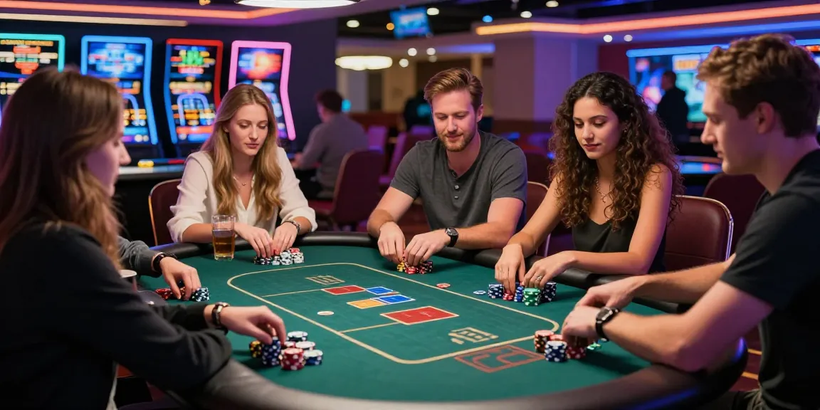 Friends enjoying rokok88 rtp at a lively casino poker table, colorful chips and screens enhancing the atmosphere.