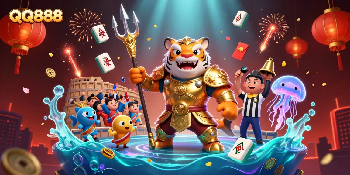 Engage in thrilling gameplay at QQ888 with a dynamic underwater casino scene featuring a golden gladiator shark.
