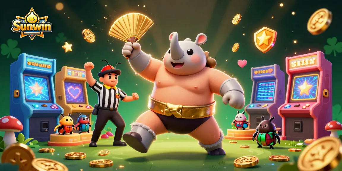 Experience the thrill of Sunwin as a rhinoceros beetle champion stomps, sending coins flying amidst arcade game elements.