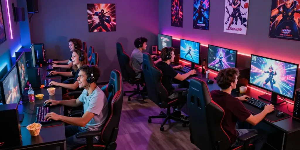 Friends enjoying a gaming session at rokok88 lounge with colorful LED lights.