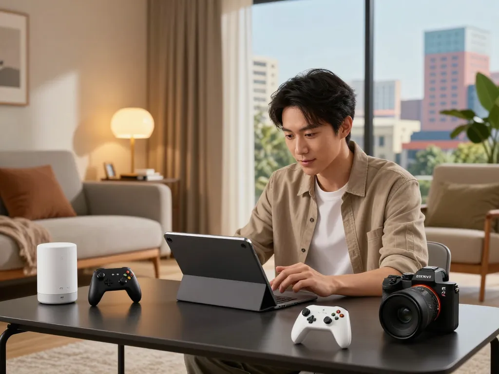 Innovative tech gadgets including Bluetooth controllers and smart devices in stylish living room setting.
