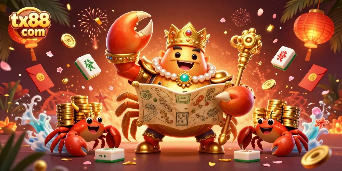 Win big at tx88 com while enjoying a vibrant 3D casino illustration featuring a golden crab emperor.