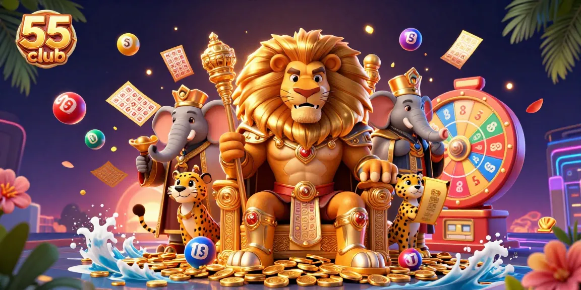 Experience the excitement of 55club lottery action with vibrant balls and royal characters.