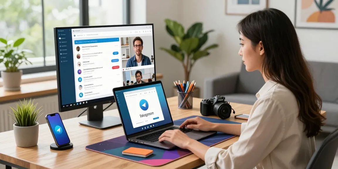 Engaging professional using Telegram web version in a modern workspace with vibrant chats and video calls.