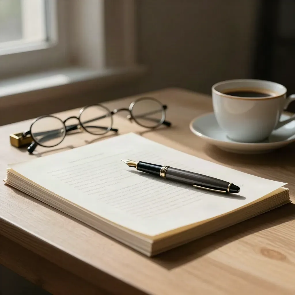 Scrivania per necrologio con bozze capovolte, occhiali, penna, peso carta e caffè chiaro.