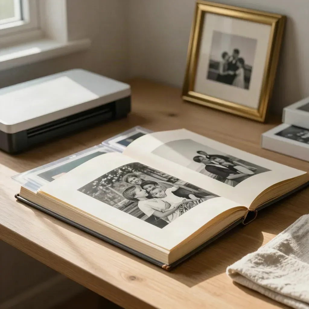 Archivio familiare con album aperto, stampe ordinate, scanner spento e cornice appoggiata al muro.