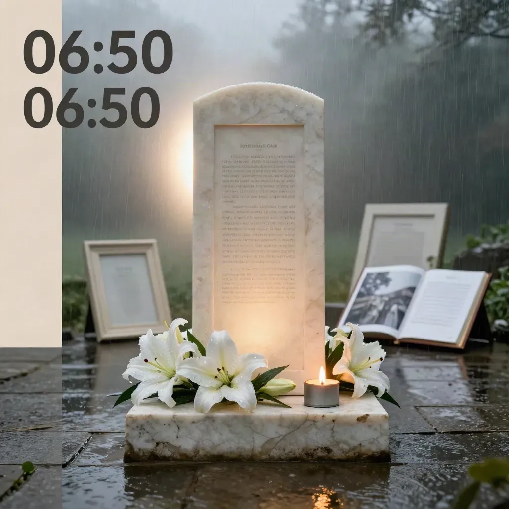 Allestimento commemorativo con tablet, candela, gigli, cornice e album su piedistallo di pietra.