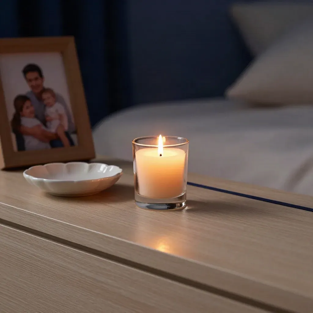 Candela digitale accesa su comodino con diffusore, conchiglia di ceramica e foto appoggiata