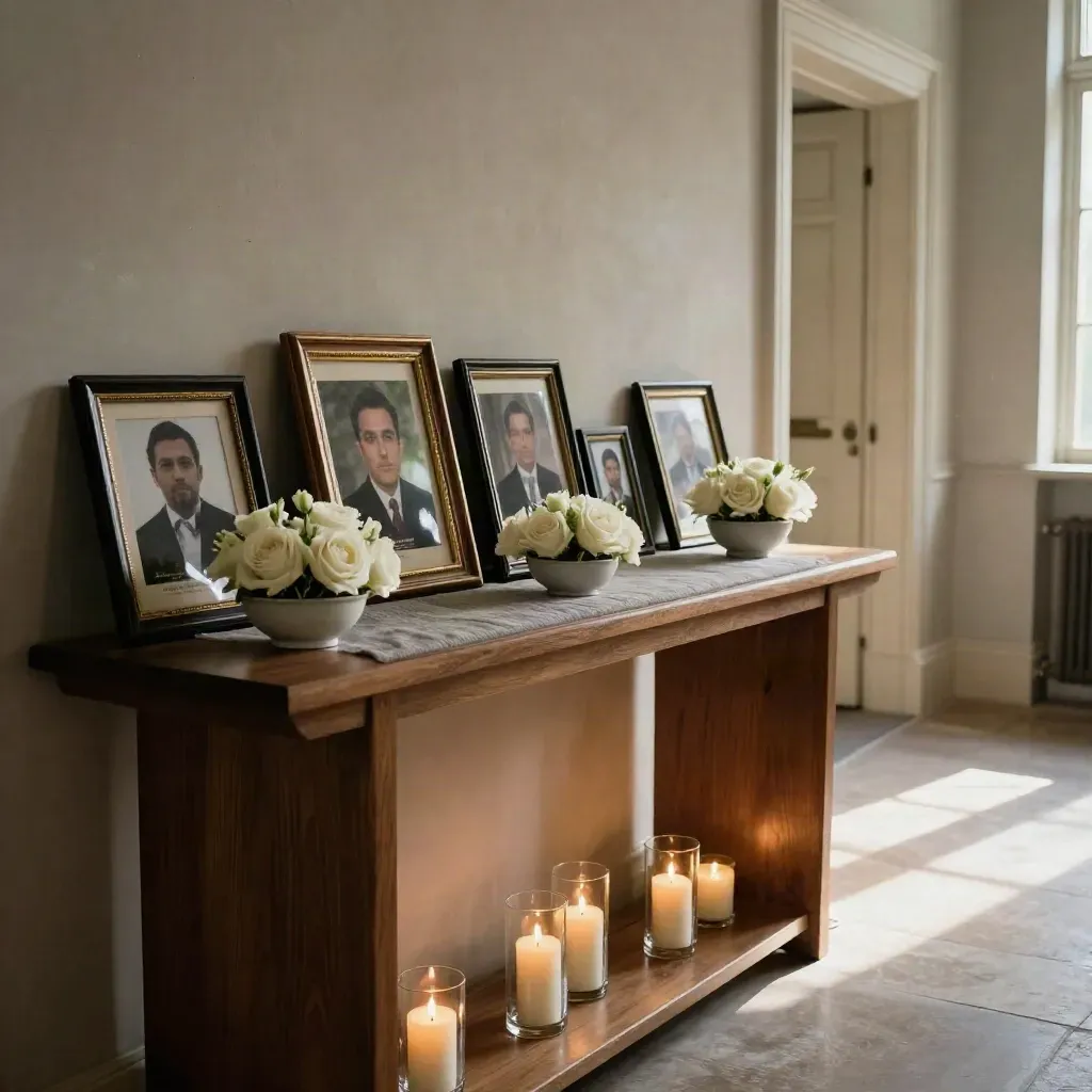 Angolo d’ingresso con candele basse, fiori chiari e cornici appoggiate, in attesa della cerimonia.