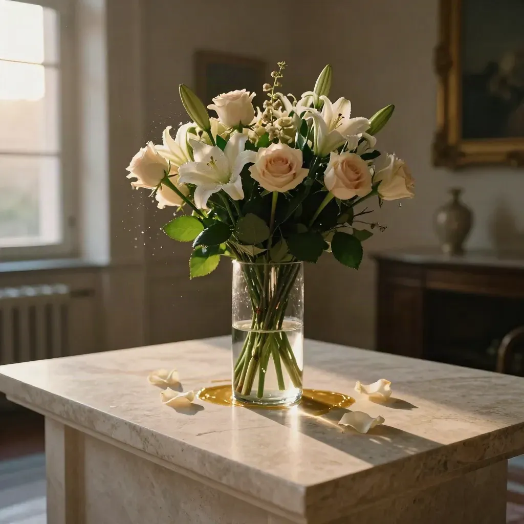 Vaso trasparente con fiori freschi e petali su consolle di pietra, luce calda del tramonto.