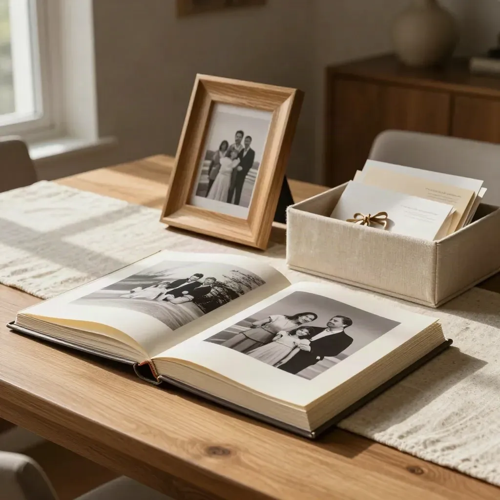 Album di famiglia, stampe e cornice inclinata su tavolo luminoso