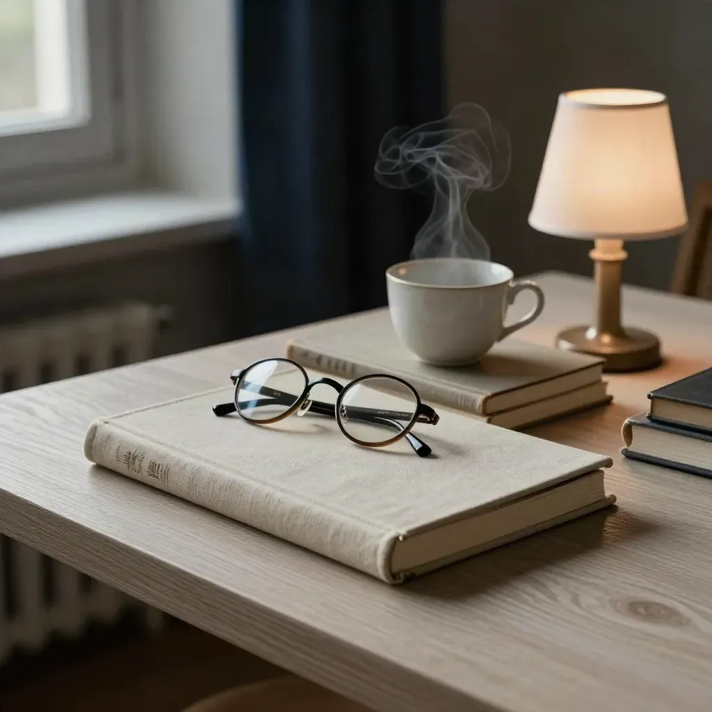 Angolo lettura serale con diario chiuso, libri, occhiali e tazza di tè.