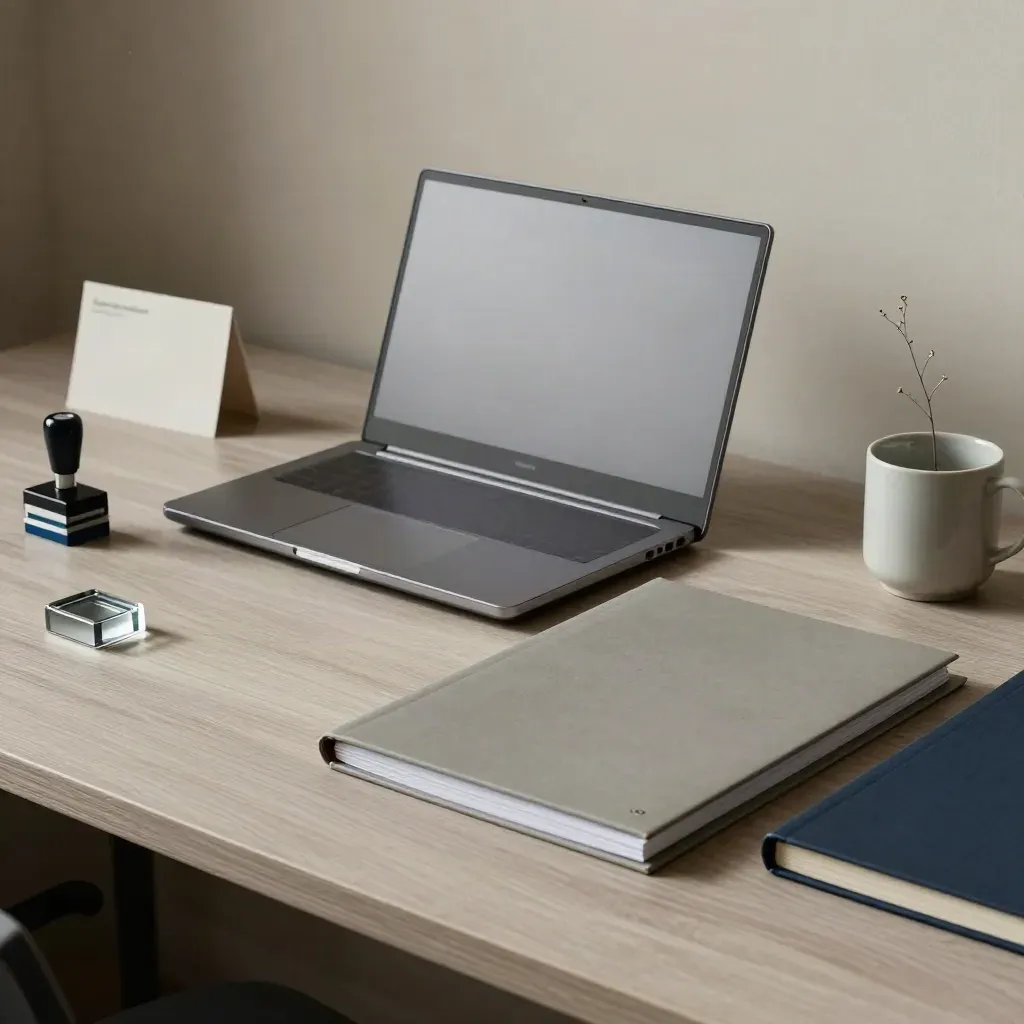 Postazione elegante per agenzie con laptop chiuso, cartelline, timbro, tazza e piccolo vaso.