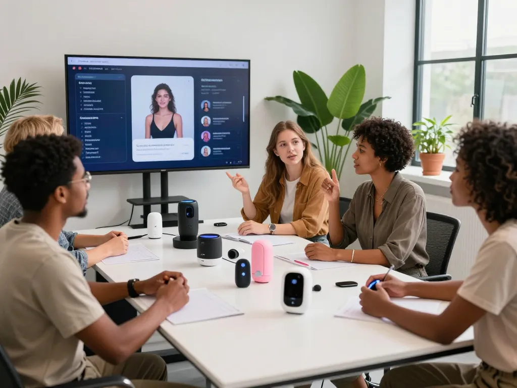 Individuals exploring innovative ai sex wellness technology in a modern studio.