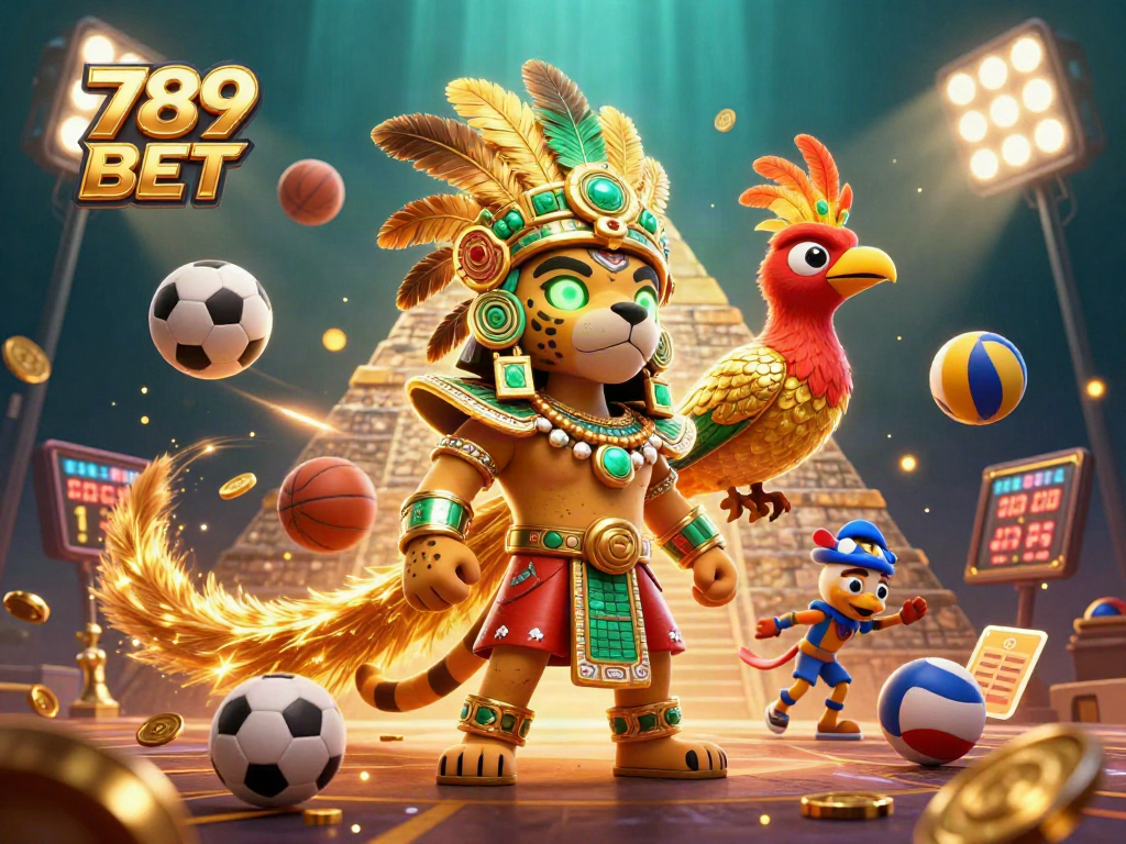 Experience the thrill of 789 BET with a vibrant 3D scene featuring Mayan symbols and dynamic betting elements.