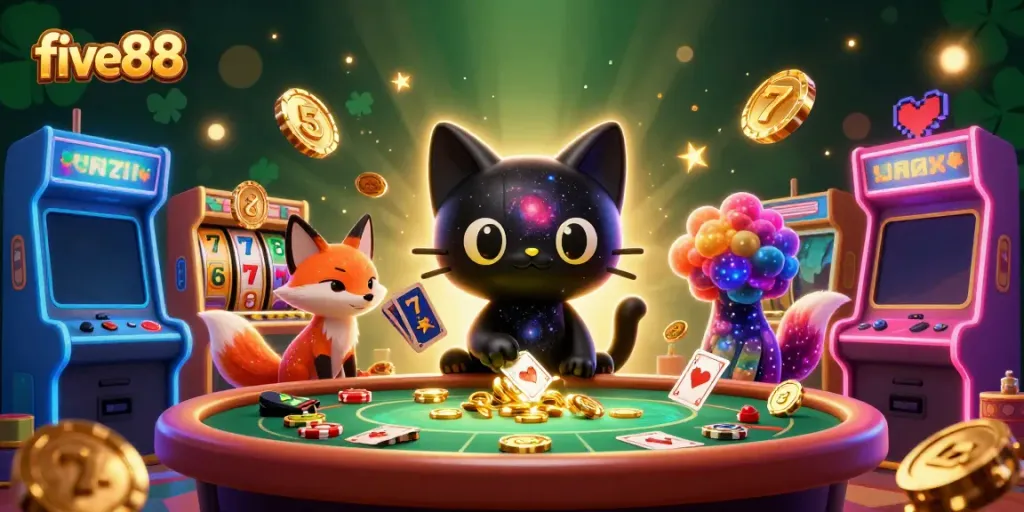 Play at five88 with a 3D black hole cat and colorful casino elements swirling around.