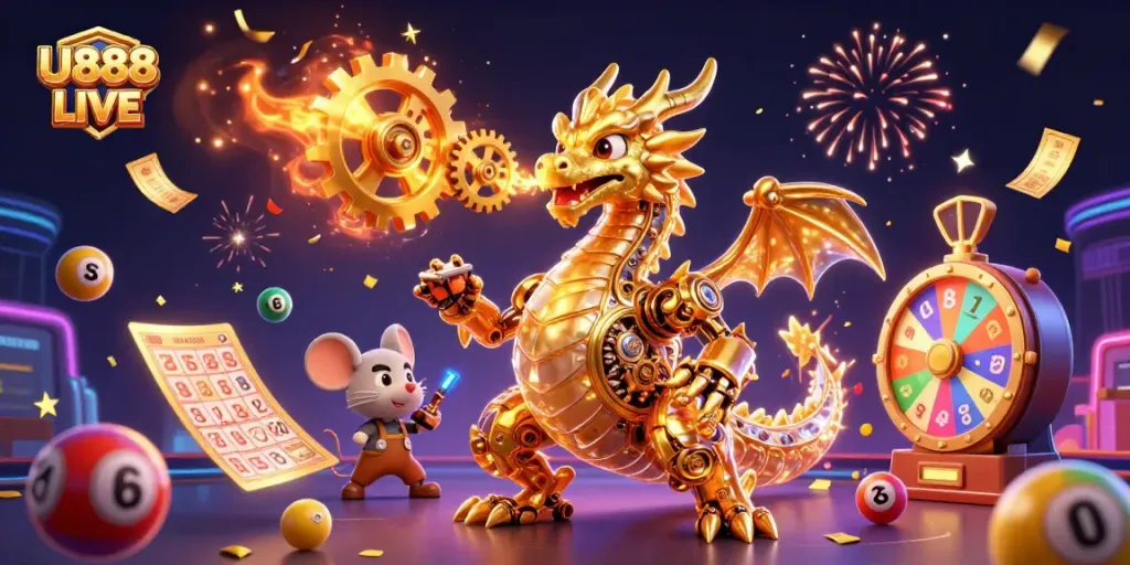 Join U888 LIVE for thrilling gameplay, featuring a golden dragon and vibrant lottery elements in action.