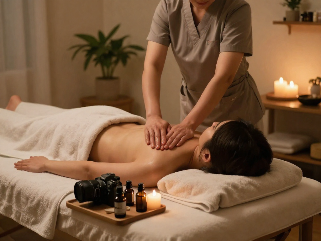 부천출장마사지 with professional massage therapist providing soothing home service in a tranquil setting.