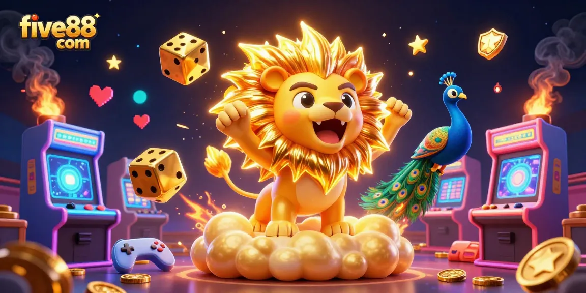 Play at five88 com to enjoy a vibrant 3D gaming universe featuring colorful arcade machines and a roaring sun lion.
